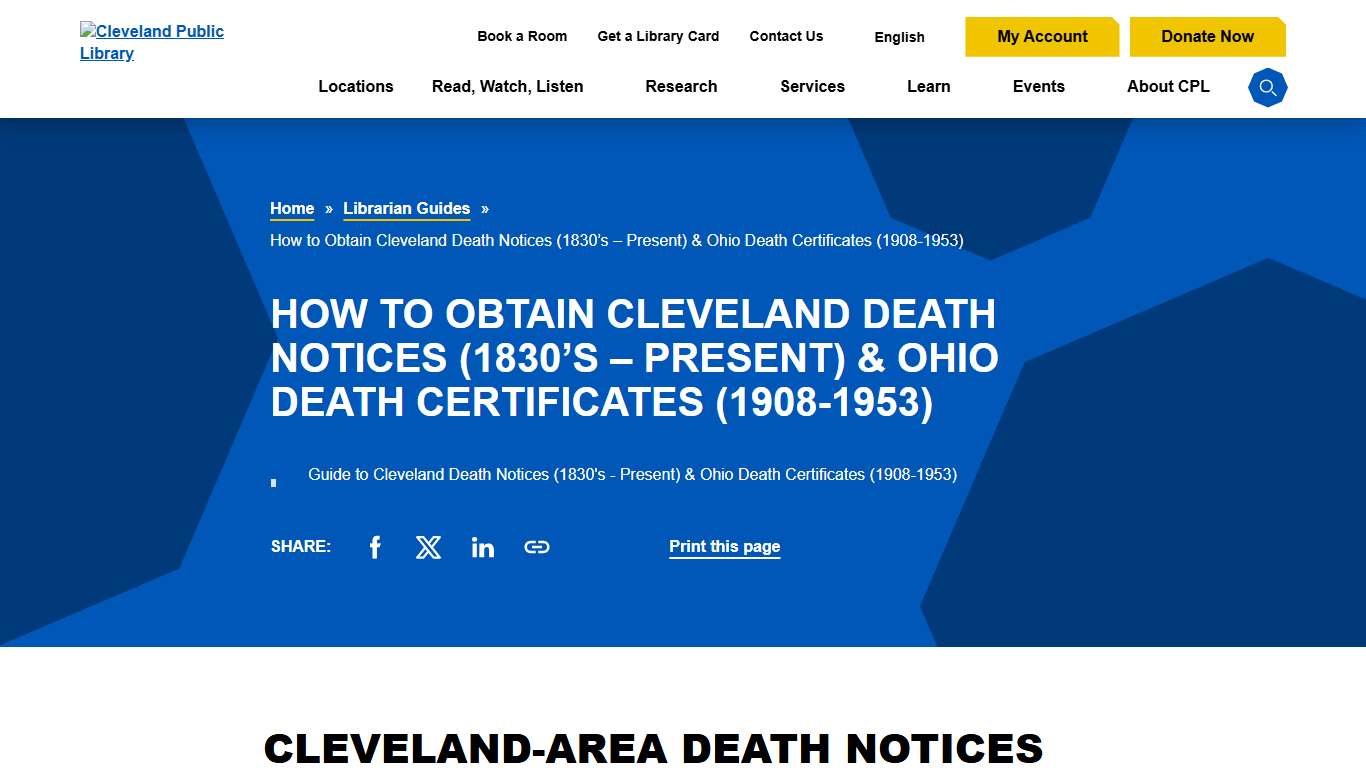 How to Obtain Cleveland Death Notices (1830's - Present) & Ohio Death Certificates (1908-1953) - Cleveland Public Library